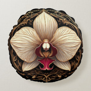 Elegant Golden Orchid Design Round Pillow