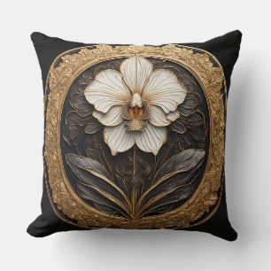 Elegant Golden Orchid Design Throw Pillow