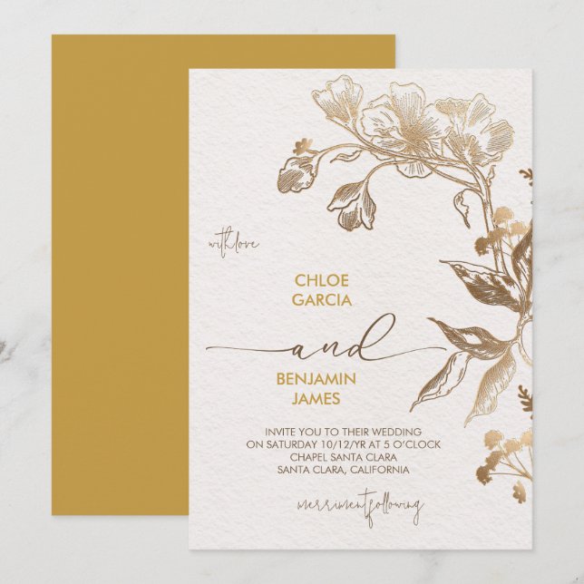 Elegant Golden Orchid Wedding Invitation (Front/Back)