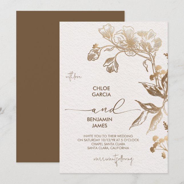 Elegant Golden Orchid Wedding Invitation (Front/Back)