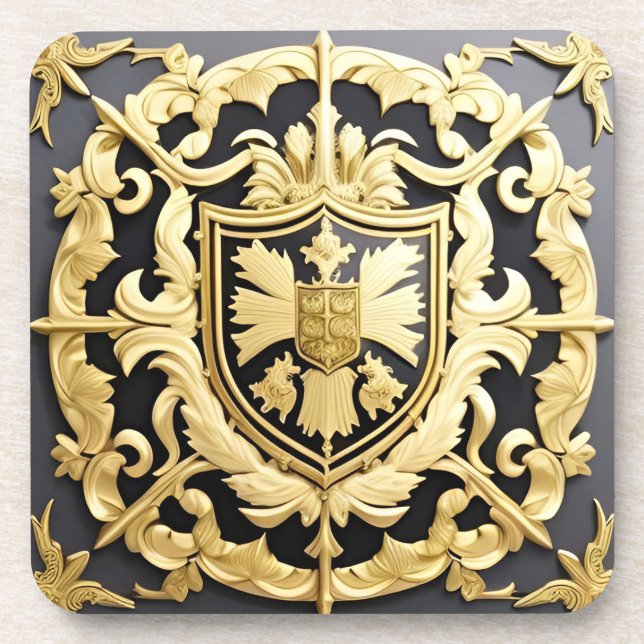 Elegant Golden Ornamental Crest with Shield Beverage Coaster (Front)