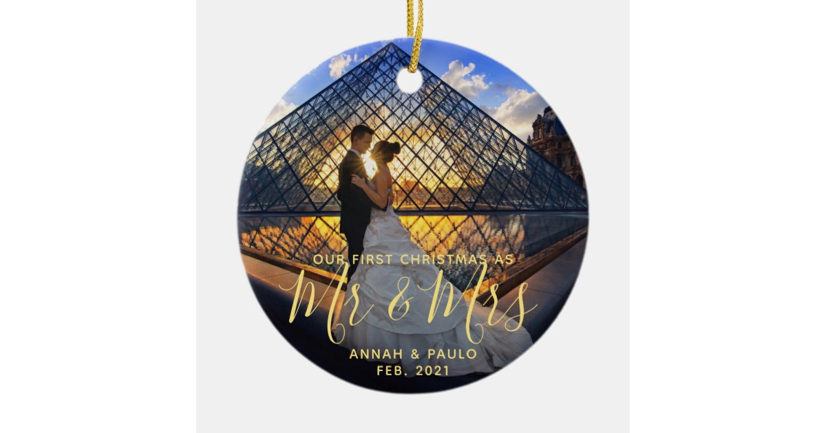 Elegant Golden Our First Christmas Mr. Mrs. Photo Ceramic Ornament | Zazzle