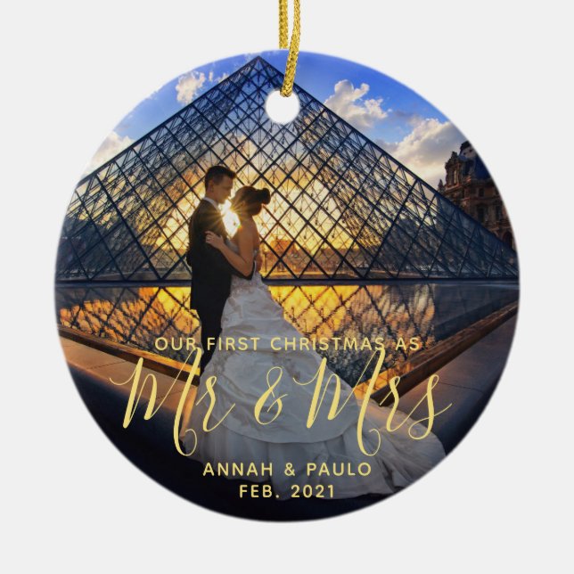 Elegant Golden Our First Christmas Mr. Mrs. Photo Ceramic Ornament (Front)
