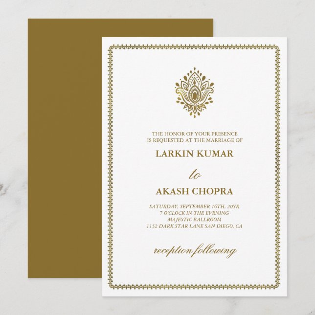 Elegant Golden Paisley White Wedding Invitation (Front/Back)