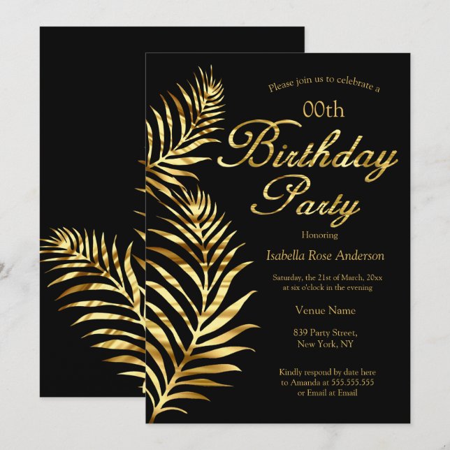 Elegant Golden Palm Black Gold Birthday Party Invitation (Front/Back)