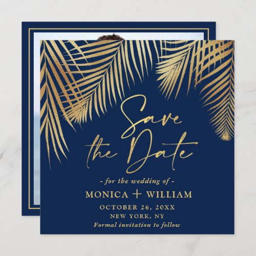 Elegant Golden Palm Branch Wedding Photo Save The Date