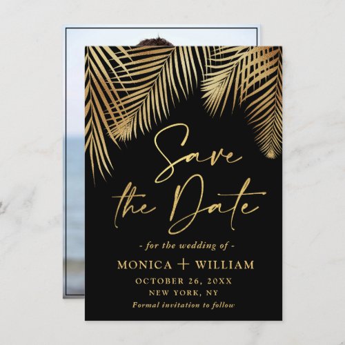 Elegant Golden Palm Branch Wedding Photo Save The Date