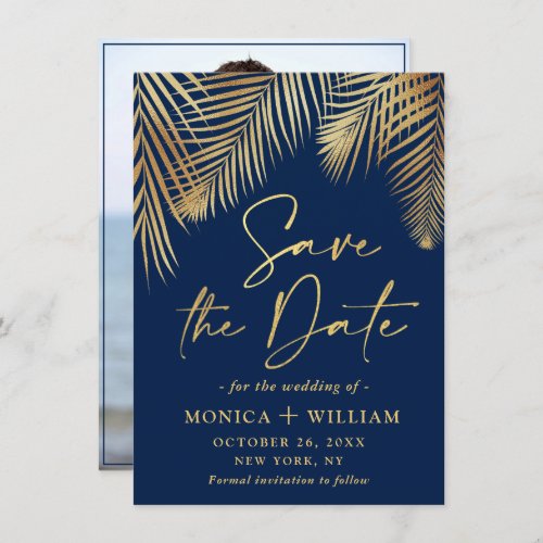 Elegant Golden Palm Branch Wedding Photo Save The Date