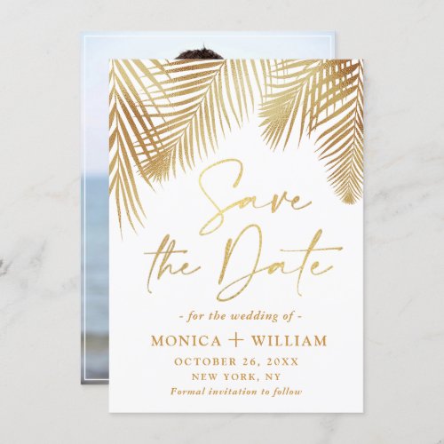 Elegant Golden Palm Branch Wedding Photo Save The Date