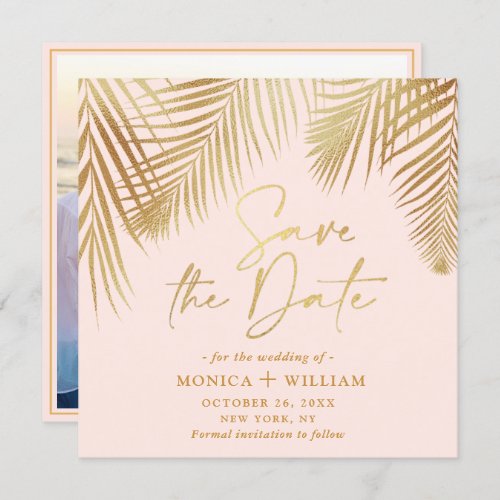 Elegant Golden Palm Branch Wedding Photo Save The Date