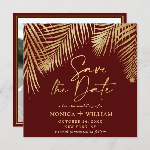 Elegant Golden Palm Branch Wedding Photo Save The Date