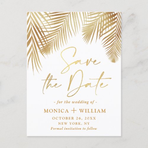 Elegant Golden Palm Branch Wedding Save the Date Announcement Postcard