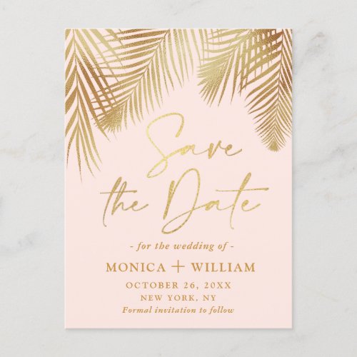 Elegant Golden Palm Branch Wedding Save the Date Announcement Postcard