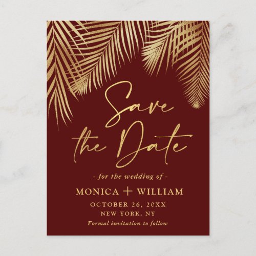 Elegant Golden Palm Branch Wedding Save the Date Announcement Postcard