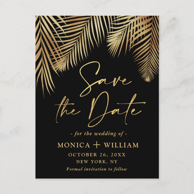 Elegant Golden Palm Branch Wedding Save the Date Postcard (Front)
