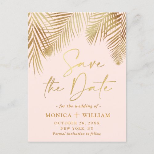 Elegant Golden Palm Branch Wedding Save the Date Postcard