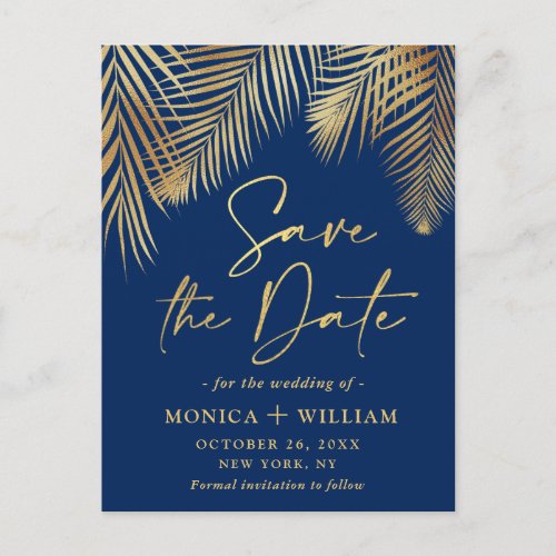 Elegant Golden Palm Branch Wedding Save the Date Postcard