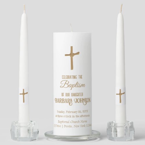 Elegant Golden Palm Cross Personalized Baptism Unity Candle Set