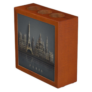 Elegant Golden Paris City Skyline Illustration Desk Organizer