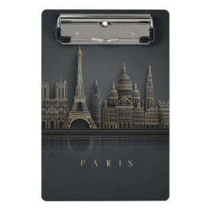 Elegant Golden Paris City Skyline Illustration Mini Clipboard