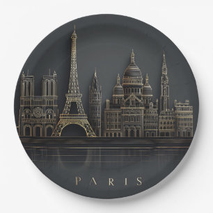 Elegant Golden Paris City Skyline Illustration Paper Plates