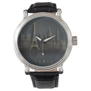 Elegant Golden Paris City Skyline Illustration Watch