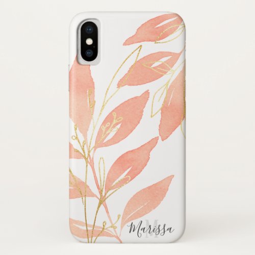 Elegant Golden Peach Watercolor Floral Monogram iPhone XS Case