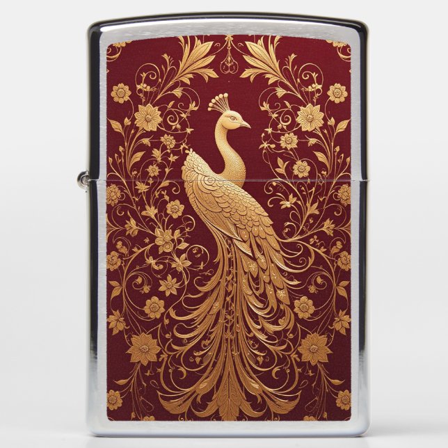 Elegant Golden Peacock Art Zippo Lighter (Front)