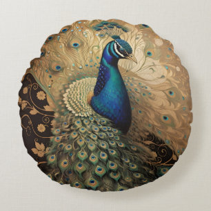 Elegant Golden Peacock Bird Round Pillow