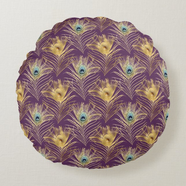 Elegant Golden Peacock Feathers on Purple Round Pillow (Front)