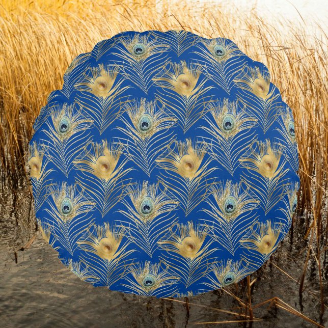 Elegant Golden Peacock Feathers on Royal Blue Round Pillow (Creator Uploaded)