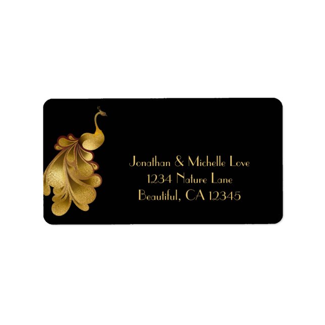 Elegant Golden Peacock on Black Address Label (Front)