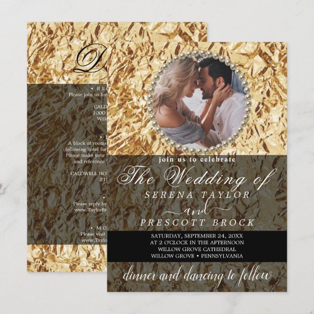 Elegant Golden Photo Calligraphy Wedding Invitatio Invitation (Front/Back)