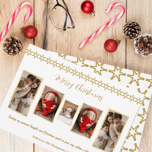 Elegant Golden Photo Collage Family Christmas Card