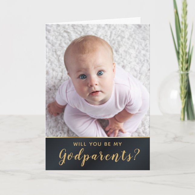Elegant Golden Photo Godparents Request Card (Front)