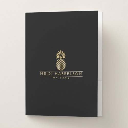 Elegant Golden Pineapple Logo on Black Pocket Folder