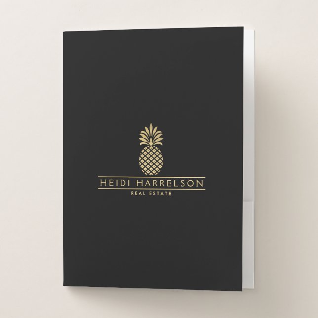 Elegant Golden Pineapple Logo on Black Pocket Folder (Front)