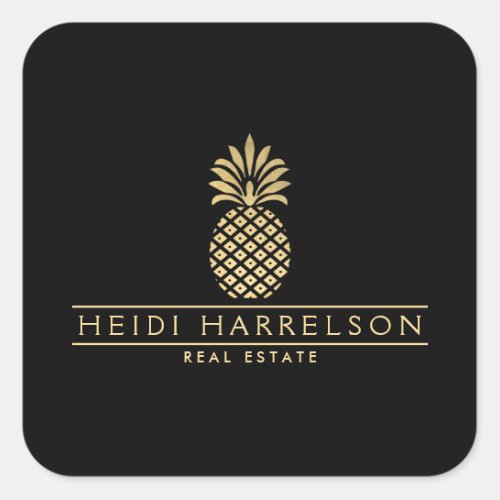 Elegant Golden Pineapple Logo on Black Square Sticker