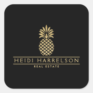 Elegant Golden Pineapple Logo on Black Square Sticker