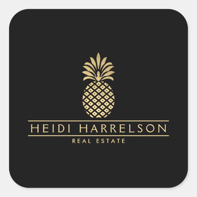 Elegant Golden Pineapple Logo on Black Square Sticker (Front)