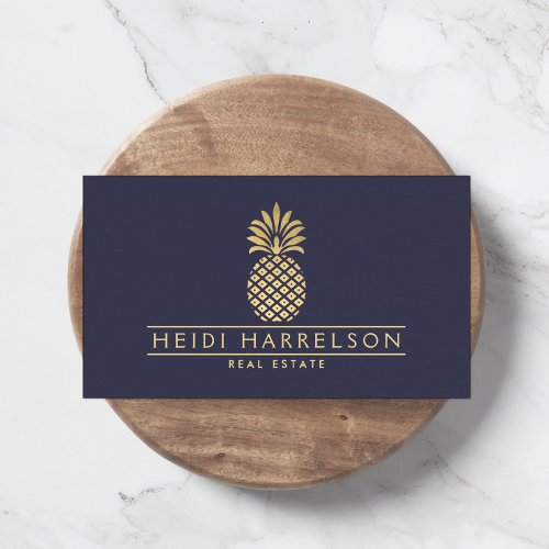 Elegant Golden Pineapple Logo on Dusky Blue Business Card