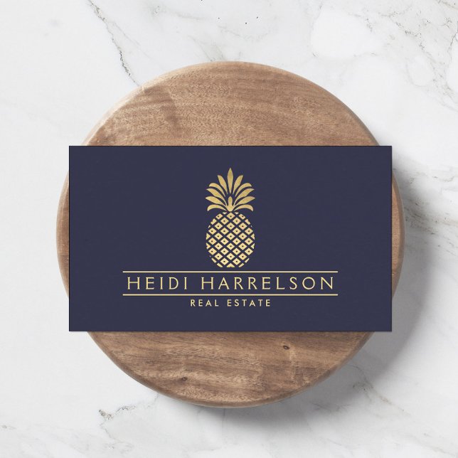 Elegant Golden Pineapple Logo on Dusky Blue Business Card (Creator Uploaded)