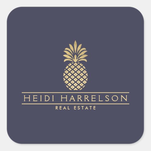 Elegant Golden Pineapple Logo on Dusky Blue Square Sticker