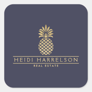 Elegant Golden Pineapple Logo on Dusky Blue Square Sticker