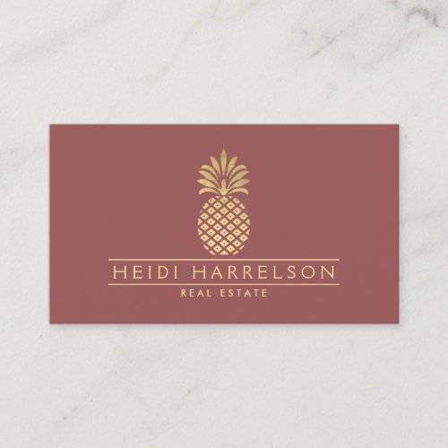 Elegant Golden Pineapple Logo on Dusky Red Business Card