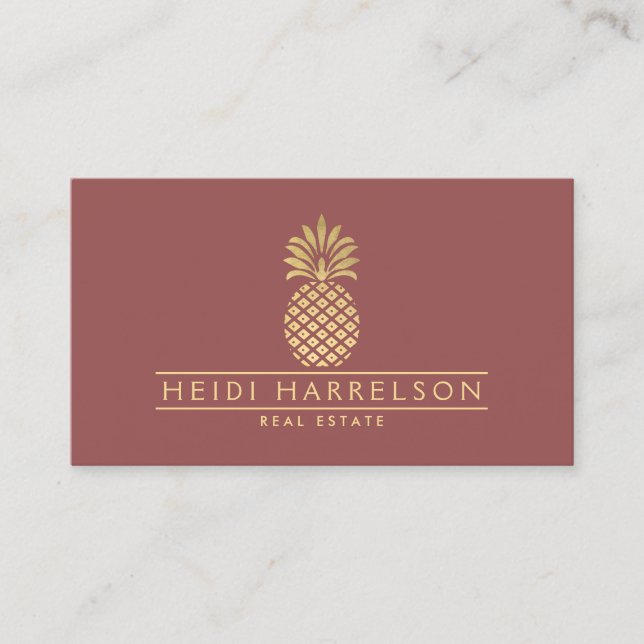 Elegant Golden Pineapple Logo on Dusky Red Business Card (Front)