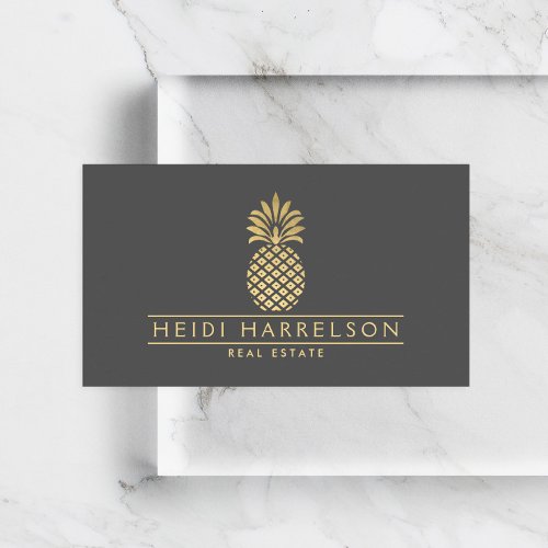Elegant Golden Pineapple Logo on Gray Business Card