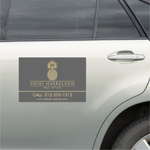 Elegant Golden Pineapple Logo on Gray Car Magnet