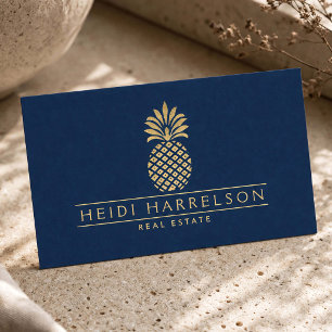 Elegant Golden Pineapple Logo on Navy Blue Business Card