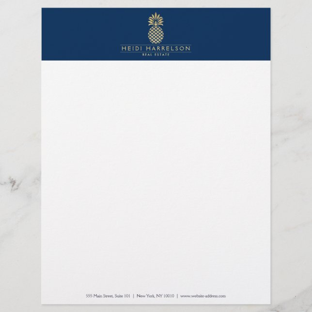 Elegant Golden Pineapple Logo on Navy Blue Letterhead (Front)